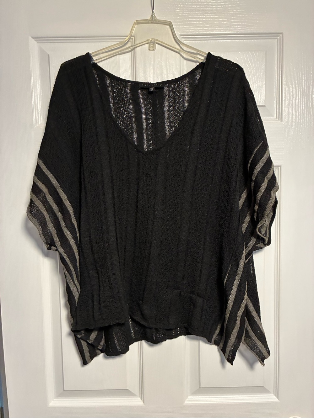 Sanctuary Black Knit V-Neck Tunic with Gray Stripe Sleeves - Picture 1 of 2